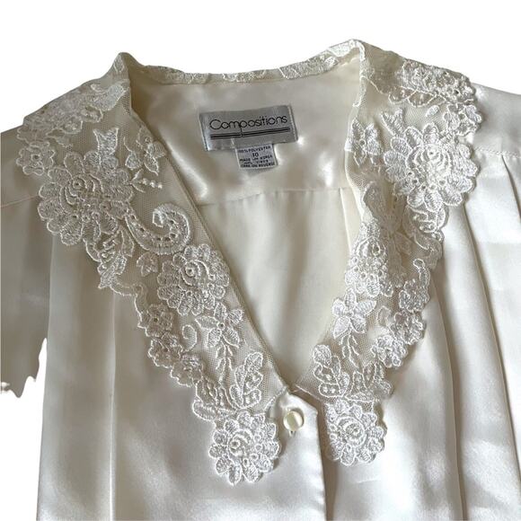 Vintage 1980s Satin Blouse Lace Floral Collar Button Down Made in Korea White 10 - Picture 11 of 11